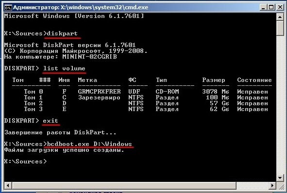 Восстановление загрузчика windows 7 через командную строку diskpart