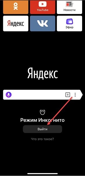 Выйти из приватного режима в Яндекс.браузере