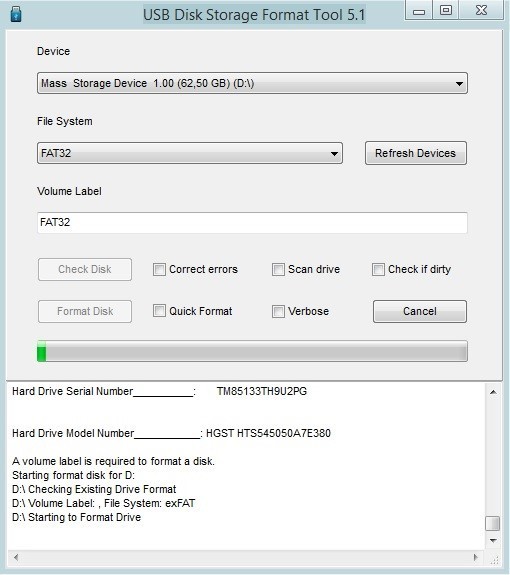 Меню HP USB Disk Storage Format Tool