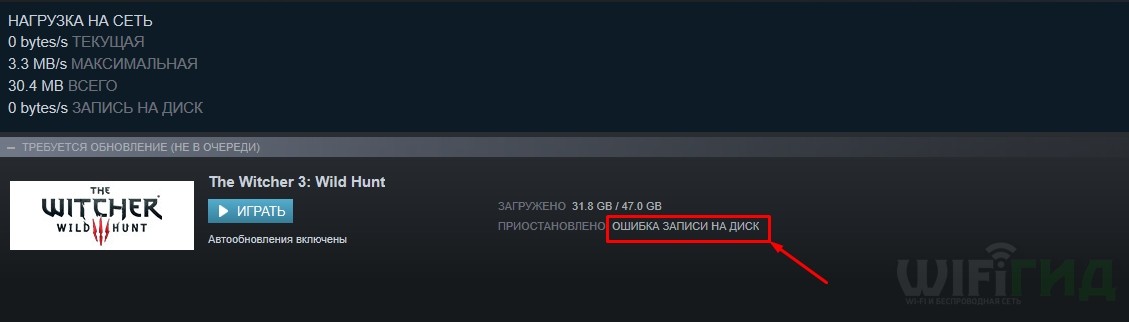 При обновлении The Witcher 3: Wild Hunt в Steam произошла ошибка (ошибка записи на диск)